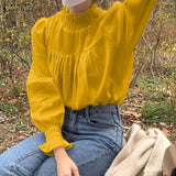 Fashion Ruffle Turtleneck Blouse Women 2022 OL Spring Pleated Puff Sleeve Shirts Casual Female Solid Tops