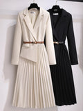 Women's Dress Notched Chiffon Elegant Dresses for Women 2023 Spring Pleated White Dress Belt Knee-Length Solid OL Woman