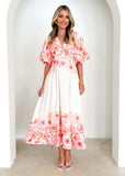 Fongt New Spring And Summer Bubble Sleeve V-Neck Women's Slings Print Fairy Gas In The Long Temperament Swing Dress Dress Woman