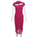 Fongt New Women's Hm Hop To Make Old Slant Collar Knitted Pure Color Irregular Short-Sleeved Dress