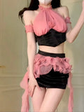 Sweet Slim Fit Halter Backless Tops Women+ Y2k E-Girl High Waist Irregular Bodycon Skirts Fashion Two Piece Sets-Outfit