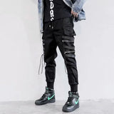 Personality Hip-Hop Tide Card Loose Movement Machine Can Overalls Men's Letter Large Pocket Ribbon Leisure Rainbow Pants-Outfit