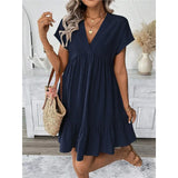 Fongt Women's Dress 2025 Summer Holiday Windy Windy Leaves Edge V Collar Solid Loose Short Skirt
