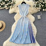 Fongt Sleeveless Knitted Striped Dress Women's Summer Slanted Belt Lightly Mature Sister Temperament Long Skirt
