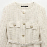Fongt Homemade New Women's Wear Belt Textured Long-Sleeved Round-Neck Casual Suit Jacket