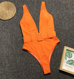 Solid Red One Piece Swimsuit Women Push Up Lace Up Bandage Bodysuit Brazilian Deep V Neck Backless Bathing Suit