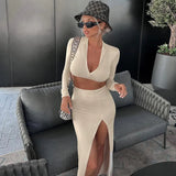 Fongt Women's Sexy Two-Piece Women's Long-Sleeved Zipper Exposed Umbilly High Open Skirt Suit