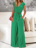 Fongt Women's Clothing 2025 New Summer V Tie With Open-Vum Wide Leg Trousers Casual Fashion Set