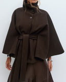 Fongt Women's Autumn And Winter New Fashion Pure Color Cape Collar Collar Belt Wind Coat