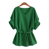 Size M-6XL Women Loose Short Sleeves Blouses 2022 New Fashion Summer Casual V-Neck Lace Up Bow Solid Color Tops Hot