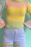 Vintage Rainbow Striped Knitted Sweaters Autumn Winter Crimping Long Sleeve Cropped Pullovers Jumpers Streetwear Chic