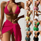 Fongt New Swimsuit Show Back Sexy Solid Color Bikini Gauze Skirt Bikini Three-Piece