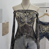Fongt Shot Raging Butterfly Embroidery Y2k Babes Punk Word Shoulder Tie-Dye Mesh T-Shirt With Short Top 1319