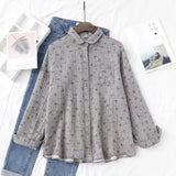 New Women Cotton Turn Down Collar White Shirt Long Sleeve Pockets Dot Blouse Button Up Loose Spring Casual Tops