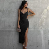 Summer Hot Sexy Solid Spaghetti Strap Backless Midi Dress Casual Evening Party Sexy V-Neck Split Folds