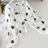 Women Summer Sun Protection Sheer Top V-Neck Polka Dot Lantern Sleeve Sexy Female Clothes All-match Daily Ulzzang