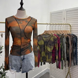 Fongt Sun Dyed Elastic Mesh Yarn T-Shirt Stacked With Long-Sleeved Top Press Line T-Shirt 8980