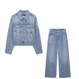 Fongt Drill Pocket Loose Single-Row Buckle Short Denim Jacket Casual Trousers Set 2025 Spring Women's Clothing