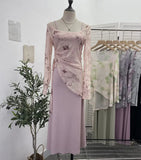 Dizzling U-Neck Rope Long-Sleeved Mesh Yarn Coat + Sling On The Back Of The Long Dress Two Sets