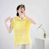 Fongt Folded Summer New High-End Pure Color Temperament Elegant Collar Short Sleeve Blouse Hand Folding Top