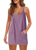 Fongt Summer Solid Sleeveless Dress Fine Shoulder Strap Vest Skirt Sports Skirt Pocket