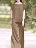 Oversized Summer Trousers Suits 2PCS Women Matching Sets Fashion Short Sleeve Blouse Wide Leg Pants Sets Loose