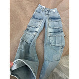 Fongt Multi-Pocket Workwear Jeans Women's Large Street Vibe High-Waist Broad Legs Casual Straight Pants