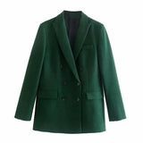 2021 Double Breasted Green Blazer Women Long Sleeve Shoulder Pads Vintage Fitted Blazers Outerwear Female Autumn