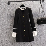 Dress Office Ladies Elegant Ruffled Collar Bow Flare Sleeve Patchwork Single Breasted Female Black