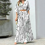 Fongt Women's V-Neck Lantern Sleeve Long Sleeve Short Top Broad Leg Trousers Fashion Suit Women's Two-Piece