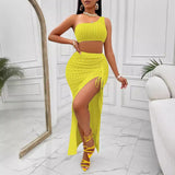 Fongt Women's Wear 2024 Summer Casual Solid Color Diagonal Collar Dress Slit Suit-Outfit