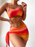 Fongt Tie-Dyed Bikini Swimsuit Female Three-Piece Mesh Skirt Split Bikini