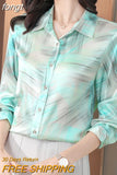 Women's Shirts Fashion Long Sleeve Sweet Printed Clothing Female 2023 Silk Polo Neck Button Up Tops Women Basic Blouse