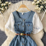 Fongt Dress Women's 2025 Summer Dress New Design Collar Bubble Sleeve Splicing Age-Sensitive Fashion Denim Long Dress