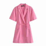 Women Summer Fashion Pink Blazers Short Sleeve Slim Dress Coat Vintage Female Outerwear With