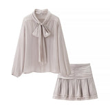 Fongt Women's Two-Piece Summer Thin Bow Tie With Long-Sleeved Cover Loose Shirt Folded Mini Dress