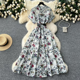 Fongt Niche High-End Light Style Single Row Buckle Short-Sleeved Printed Shirt Dress Female Magenta Vintage Chiffon Dress