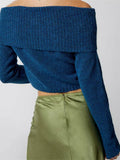 Women Spring Fall Knitted Sweaters Tops Solid Color Long Sleeve Off Shoulder Slash Neck Ribbed Slim Knitwear Jumpers-Outfit