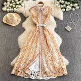 Fongt Luxury French Style Sleeveless Print Dress Female Polo Collar Hook Hollow Design Lady Temperament