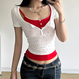 Spice Girl Wave Point Impact Color Two Sets Of Tight Impact Color Lace Suspenders Small Vest Half-Button Short-Sleeved Knitted Blouse-Outfit