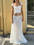Fongt Summer Fashion New Square Tie Lace Splicing Top + Half-Dress Casual Holiday Suit