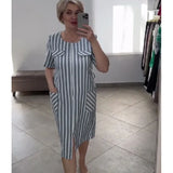 Fongt Summer New Large-Size Fashion Bag Pocket Striped Dress Woman