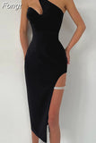 Elegant Neon Sexy Y2K Outfits Inclined Shoulder Sleeveless Backless Side Slit Bodycon Midi Dresses For Women Club