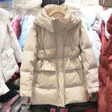 Down Jacket Female Long 2024 New Slim Tide Small Winter Hat Waist Rope Coat White Duck Down-Outfit