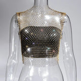 Fongt Nightclub Dresses Fishnet Hollow Out Rhinestone Vest Mesh Flash Diamond Sling Top