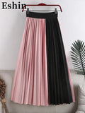 2024 High Elastic Waist Thin Large Hem Color Contrast Pleated Medium Length Skirt Patchwork Women Irregular Clothing TH370-Outfit