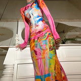 Fongt Women's Fall / Winter 2024 Fashion Print High-Stretch Long-Length Dress-Outfit