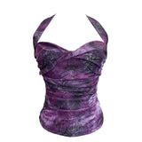 Fongt Shot Tie-Dye-Dyed Denim Print Folding Mesh Sling Sling Sling Neck With Bow Striped Backwear 9921