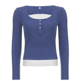 Y2K Sweet Cute Crop Top Lace Frill Bow Pullovers Vintage Square Collar T Shirt Women Skin Button Prepply Korean