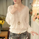 Spring New Long Sleeve V-Neck Stylish Hollow Out Blouses Elegant Ladies Korean Casual Solid Color Thin Pullovers Shirts-Outfit